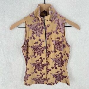 GUIHUA Floral Burnout Velvet‎ Half Zip Mock Neck Sleeveless Top Fairy Feminine